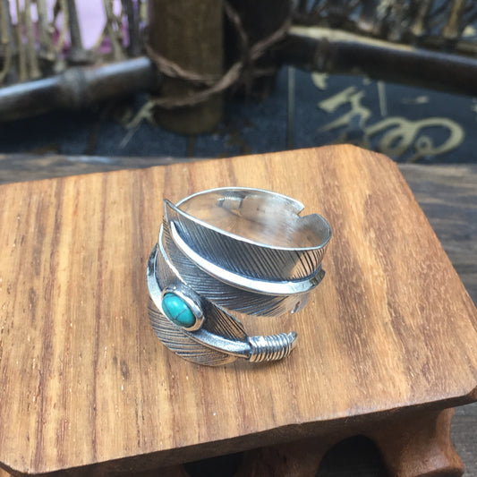 Vintage 925 Sterling silver Ring Goro Style feather Turquoise For Man Woman Punk Hippop Goth