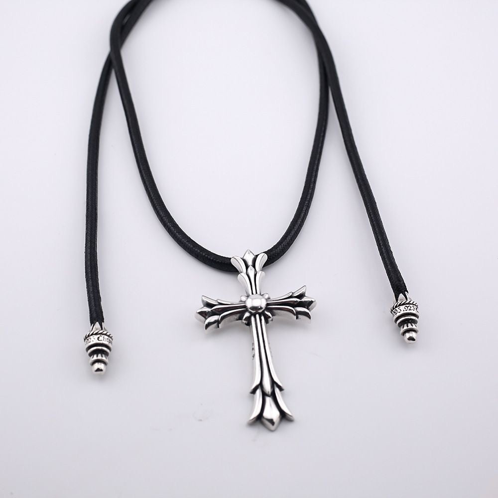 Chrome Hearts Style Cross chain Silver Color Necklace For Men Women 925 Silver Leather Strip