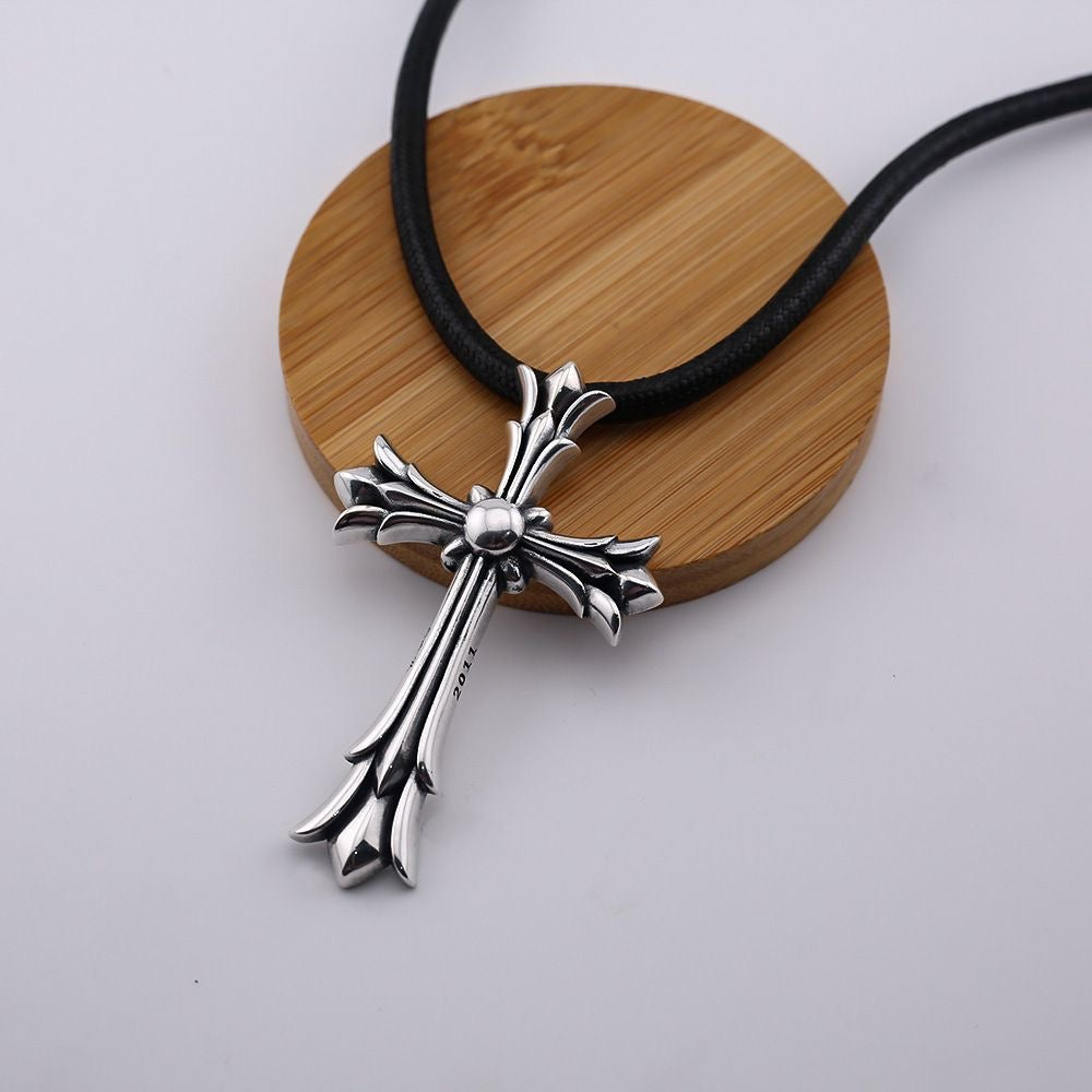 Chrome Hearts Style Cross chain Silver Color Necklace For Men Women 925 Silver Leather Strip