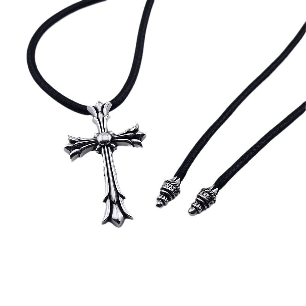 Chrome Hearts Style Cross chain Silver Color Necklace For Men Women 925 Silver Leather Strip