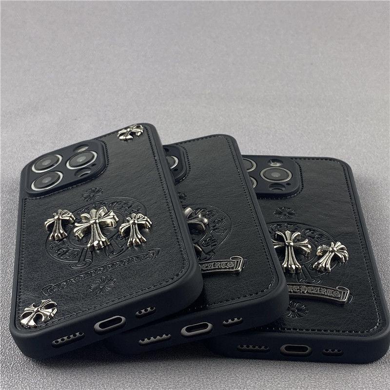 Chrome Hearts Style Cross iPhone Case Black Leather White iphone 15 iphone 14 iphone 13 iphone 12 11