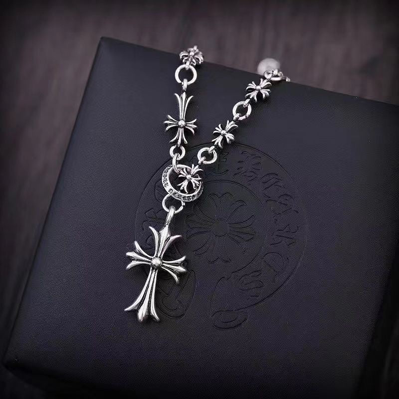 Chrome Hearts Style Cross Babyfat cheam plus chalk chain Silver Color Necklace For Men Women 925 Silver