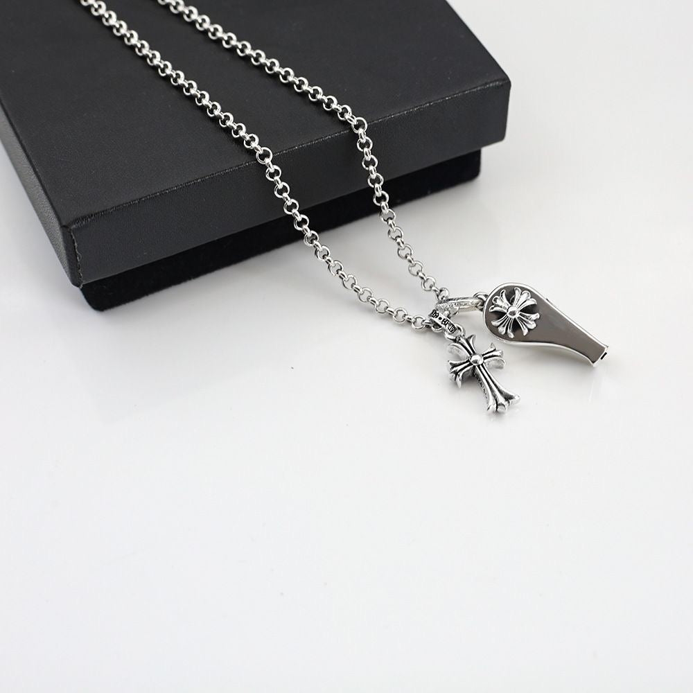 Baybay Cross Whistle Rhinestone chain Silver Color Necklace For Men Women 925 Silver