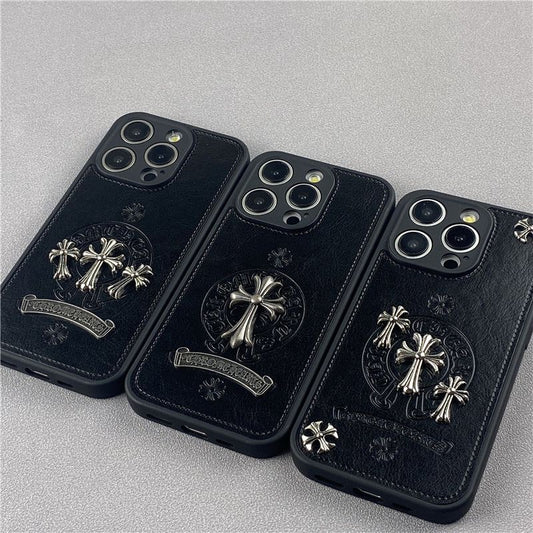 Chrome Hearts Style Cross iPhone Case Black Leather White iphone 15 iphone 14 iphone 13 iphone 12 11