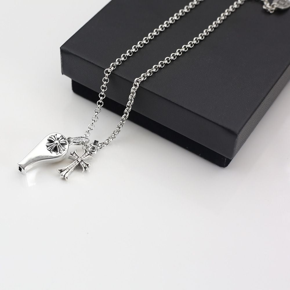 Baybay Cross Whistle Rhinestone chain Silver Color Necklace For Men Women 925 Silver