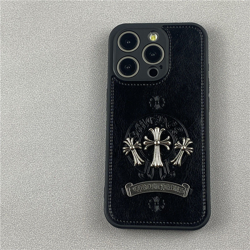 Chrome Hearts Style Cross iPhone Case Black Leather White iphone 15 iphone 14 iphone 13 iphone 12 11